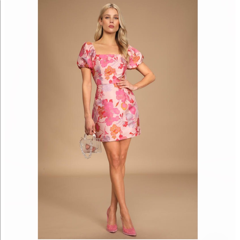 So Stunning Orange Multi Floral Jacquard Puff Sleeve Mini Dress